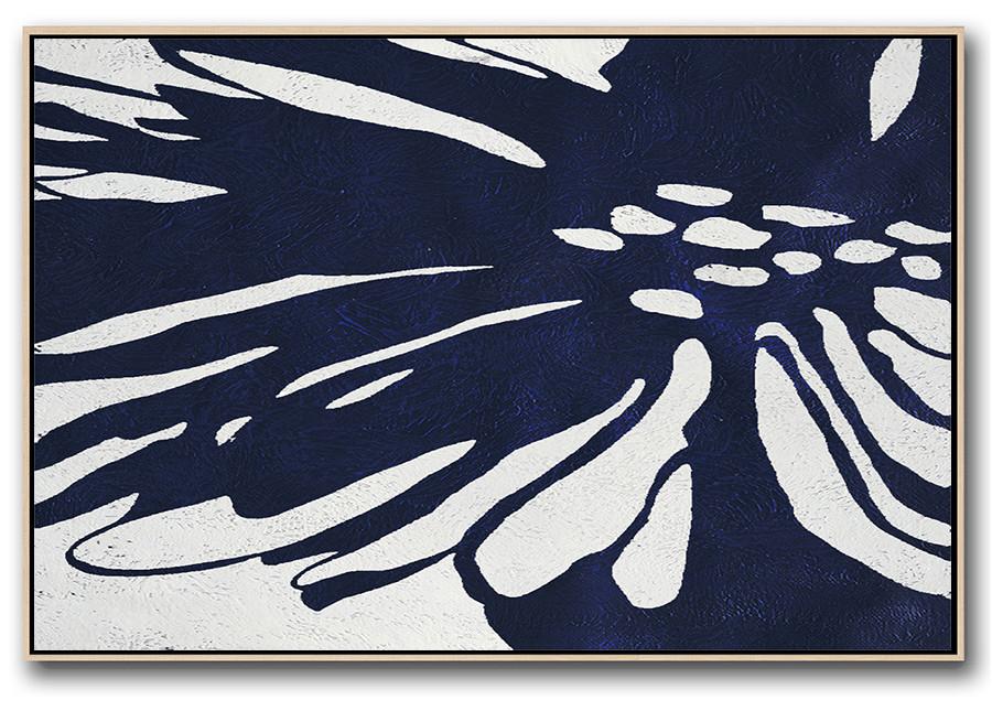 Horizontal Abstract Painting Navy Blue Minimalist Painting On Canvas - Large Abstract Artwork Extra Large